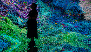A visitor stands backlit by a neon glowing light display of small purple, blue and green dots.