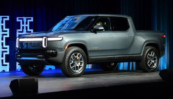 The Rivian R1T on stage as a 2022 Truck of the Year Finalist at the LA Auto Show on Nov. 17.