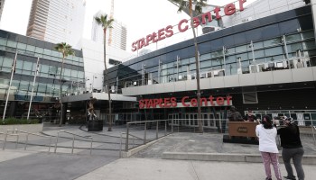 An exterior view of the Staples Center entrance