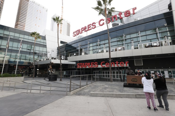 An exterior view of the Staples Center entrance
