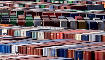 Shipping containers are lined up at the Port of Los Angeles on November 24 in San Pedro, California.
