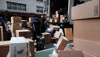 Dozens of packages are spread along a Manhattan street as a FedEx truck makes deliveries.