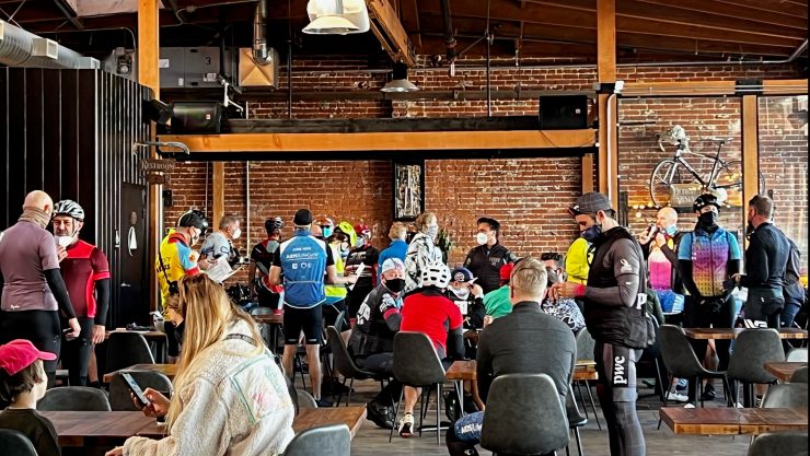 People gather in Detroit Vesey's for an AIDS/Lifecycle ride.
