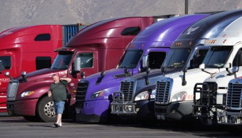 A trucker walks in front of a line of semitrucks.
