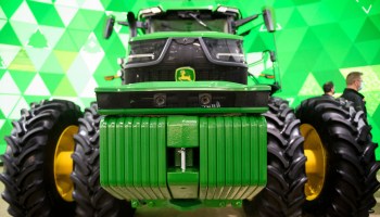 Front cameras on the John Deere 8R fully autonomous tractor displayed ahead of the Consumer Electronics Show on Jan. 4.