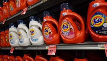 A row of Tide laundry detergents are seen in a grocery store.