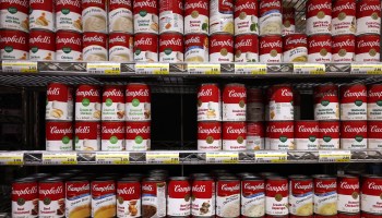 Cans of Campbell's Soup are displayed on a shelf at Scotty's Market on December 08, 2021 in San Rafael, California.
