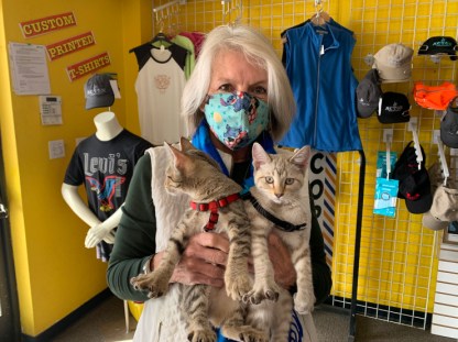 Jan Brown holds up two kittens inside of her store, the Acton Print Shop on Nov. 9, 2021.