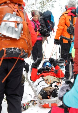 Idaho Mountain Search and Rescue Unit volunteers extract someone playing a lost snowshoer during a training exercise.