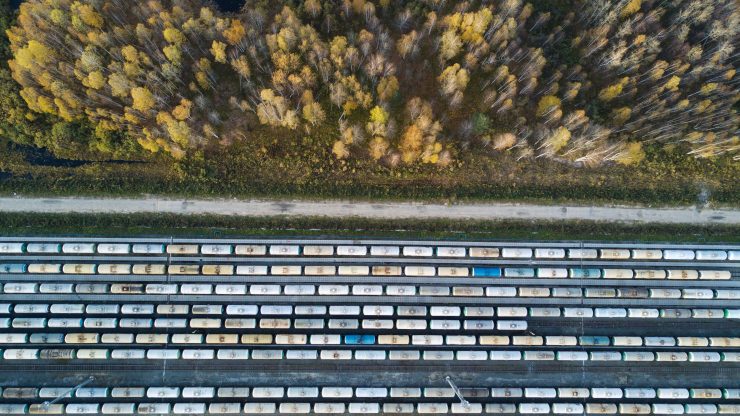Aerial Image of oil tank cars on rail tracks on the outskirts of the Siberian town of Tobolsk.