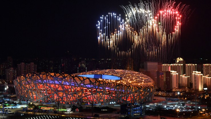 Fireworks in the shape of the Olympic rings go off over the National Stadium, known as the Bird's Nest, in Beijing, during the opening ceremony of the Winter Olympic Games on Feb. 4.