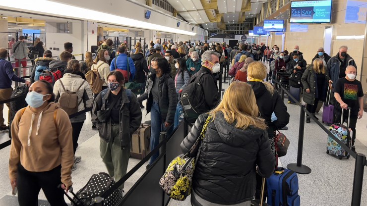 Passengers line up for a security check at Ronald Reagan Washington National Airport.