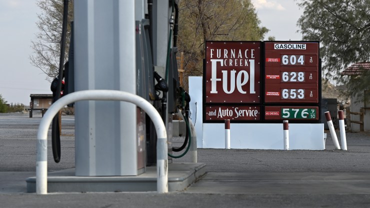 Fuel prices posted at over $6 a gallon are displayed at the Furnace Creek gas station in Death Valley National Park, California.
