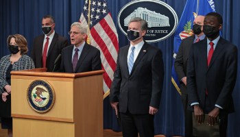 U.S. Attorney General Merrick Garland speaking during a press conference.