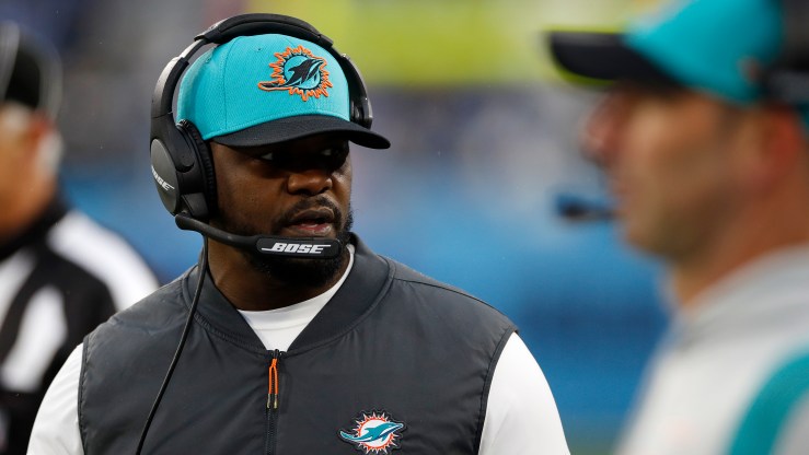 Head coach Brian Flores of the Miami Dolphins on the sidelines during the first quarter against the Tennessee Titans at Nissan Stadium on January 02, 2022 in Nashville, Tennessee.