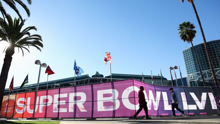 A banner reading Super Bowl LVI at the Los Angeles Convention Center.