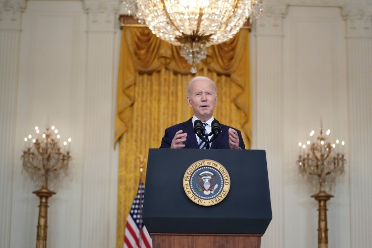 President Joe Biden delivers remarks on Russian invasion of Ukraine in the East Room of the White House on Feb. 24.