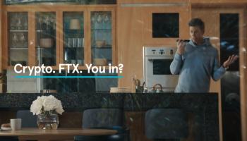 A screenshot shows Tom Brady on the phone in his kitchen with the text "Crypto. FTX. You in?"