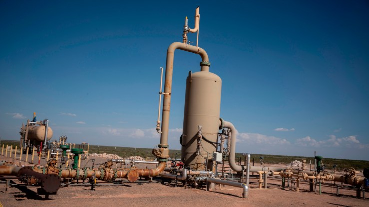 Equipment at a fracking well at Capitan Energy on May 7, 2020 in Culberson County, Texas.