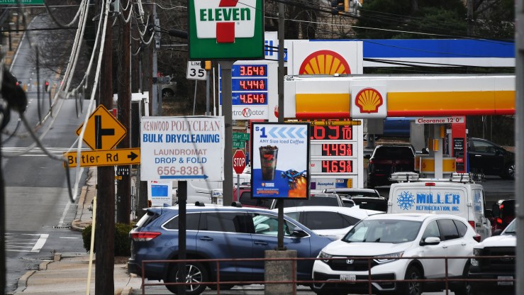 Gas stations and cars in Bethesda, Maryland.
