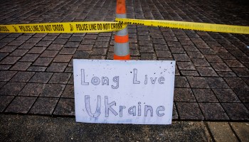 A pro-Ukraine sign at the front gate of the Russian Embassy in Washington, D.C.