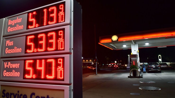 An electronic board at a gas station in Los Angeles in February shows prices over $5 a gallon.