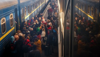 People board an evacuation train at Kyiv central train station on February 28, 2022.
