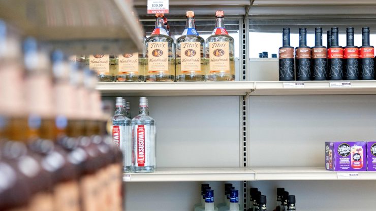 Image of an empty space on a liquor shelf, missing Russian vodka