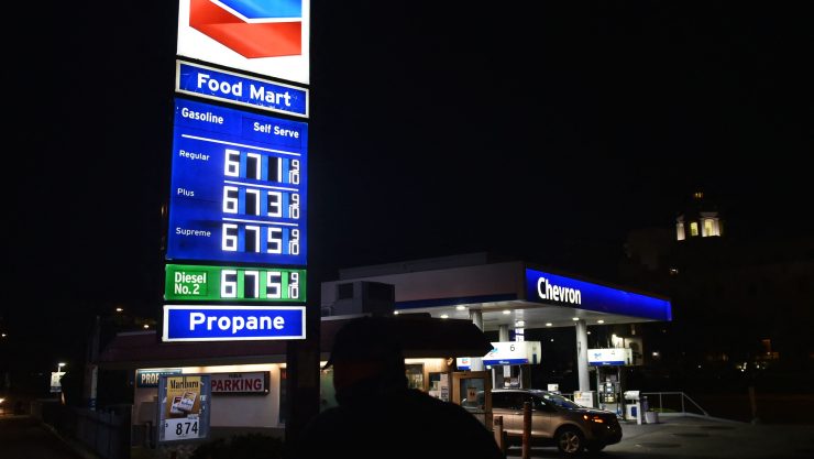 Gas and diesel prices sign in Los Angeles, diesel is $6.75 per gallon