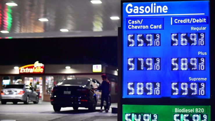 Prices for gas and diesel fuel, over $5 a gallon, are displayed at a gas station in Monterey Park, California, on March 4, 2022.