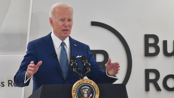 US President Joe Biden delivers remarks at the Business Roundtables CEO Quarterly Meeting in Washington, DC, March 21, 2022.
