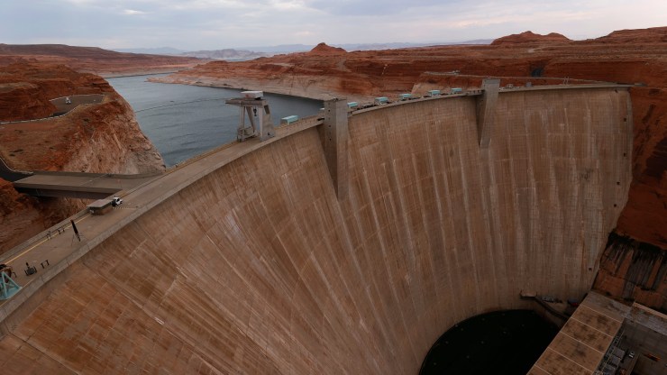 A view of the Glen Canyon Dam at Lake Powell on June 23, 2021 in Page, Arizona.