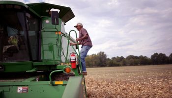 Farmer using his equipment in a corn field