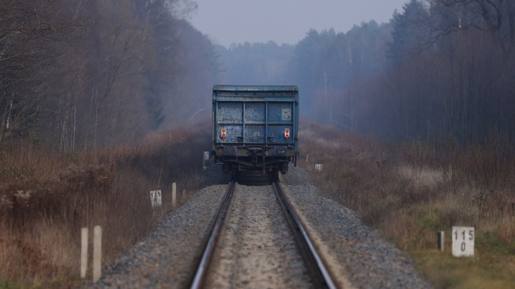 A freight train rolls through a forest in an area through which migrants have travelled as they arrived in recent weeks from neighboring Belarus on November 11, 2021 near Hajnowka, Poland.