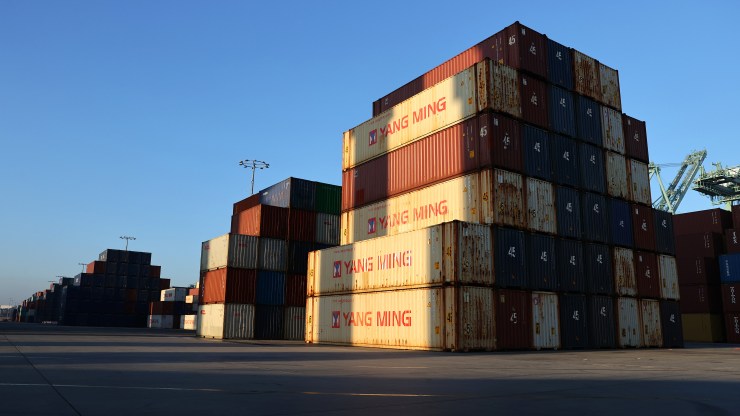 Shipping containers are stacked at the Port of Los Angeles on November 30, 2021 in San Pedro, California.