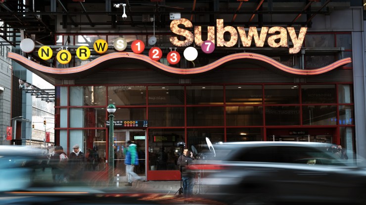 A subway station stands in Times Square on January 19, 2022 in New York City.