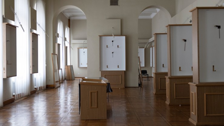 A gallery stands empty after the artefacts were moved to storage in case of possible damage from shelling at the Andrey Sheptytsky National Museum on March 07, 2022 in Lviv, Ukraine.