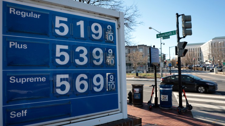 Prices for gas at an Exxon gas station on Capitol Hill are seen March 14, 2022 in Washington, DC. The cost of gasoline continues to rise across the globe and in the United States due to the Russian invasion of Ukraine and continued inflation associated with the global pandemic. (Photo by Win McNamee/Getty Images)