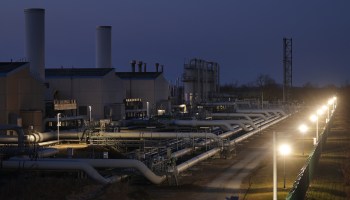 A compressor station of the Jagal natural gas pipeline stands at twilight on March 24, 2022 near Mallnow, Germany. The Jagal is the German extension of the Yamal-Europe pipeline that transports Russian natural gas to Germany.
