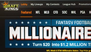 On the DraftKings homepage, a listing for a "Fantasy Football Millionaire" stakes is listed in the center with a blue background.