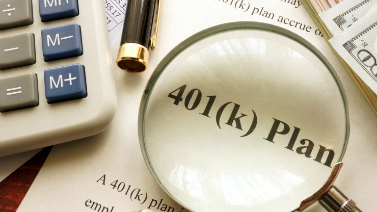 A magnifying glass sits atop text that says "401(k) Plan."