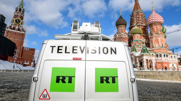 A television broadcast van owned by state-controlled RT in Moscow.