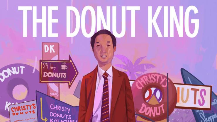An illustration of Ted Ngoy standing in front of doughnut signs.