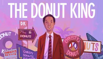 An illustration of Ted Ngoy standing in front of doughnut signs.