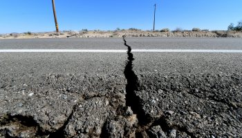 Cracks are seen on the road along Hwy 178 north of Rodgecrest some 16 miles south of Trona on July 4, 2019.
