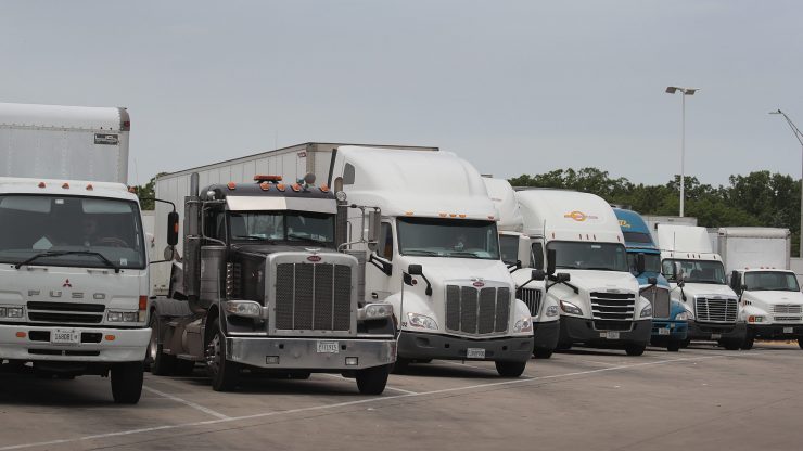 Semi trucks parked in a lineup.
