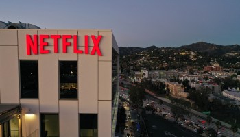 The Netflix logo on top of its office building in Hollywood, California, January 20, 2022.
