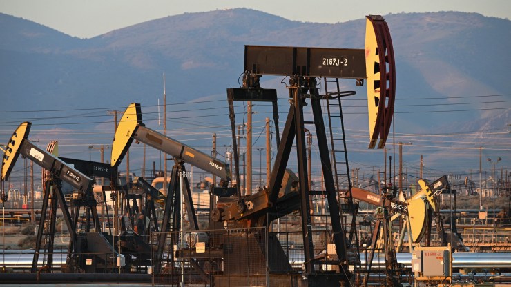 Active pump jacks increase pressure to draw oil toward the surface at the South Belridge Oil Field in California on February 26, 2022.