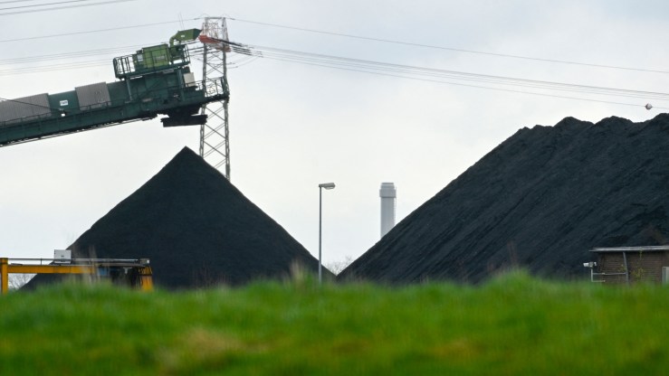 A photo taken on April 5, 2022 shows the storage site of hard coal for the coal-fired power plant of the German energy supplier Steag in Duisburg, western Germany.