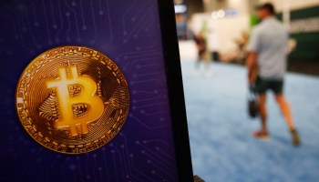 A bitcoin logo is seen during the Bitcoin 2022 Conference at Miami Beach Convention Center on April 8, 2022 in Miami, Florida.